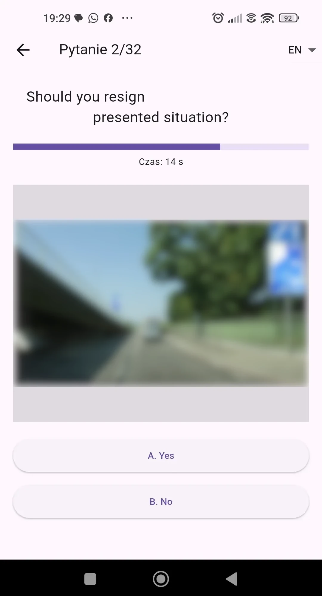 Exam simulation interface in the E-Driving License mobile app